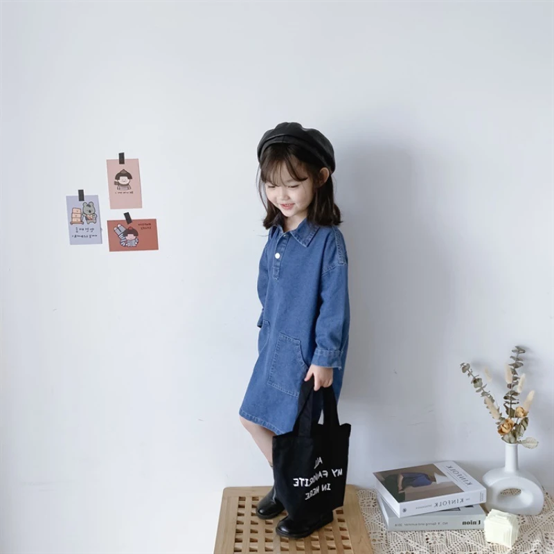 Girls Dress New Spring Autumn Long-Sleeve Solid Color Denim Casual Loose Pocket Toddler Kids Clothes Korean Style Clothes 2-6Y