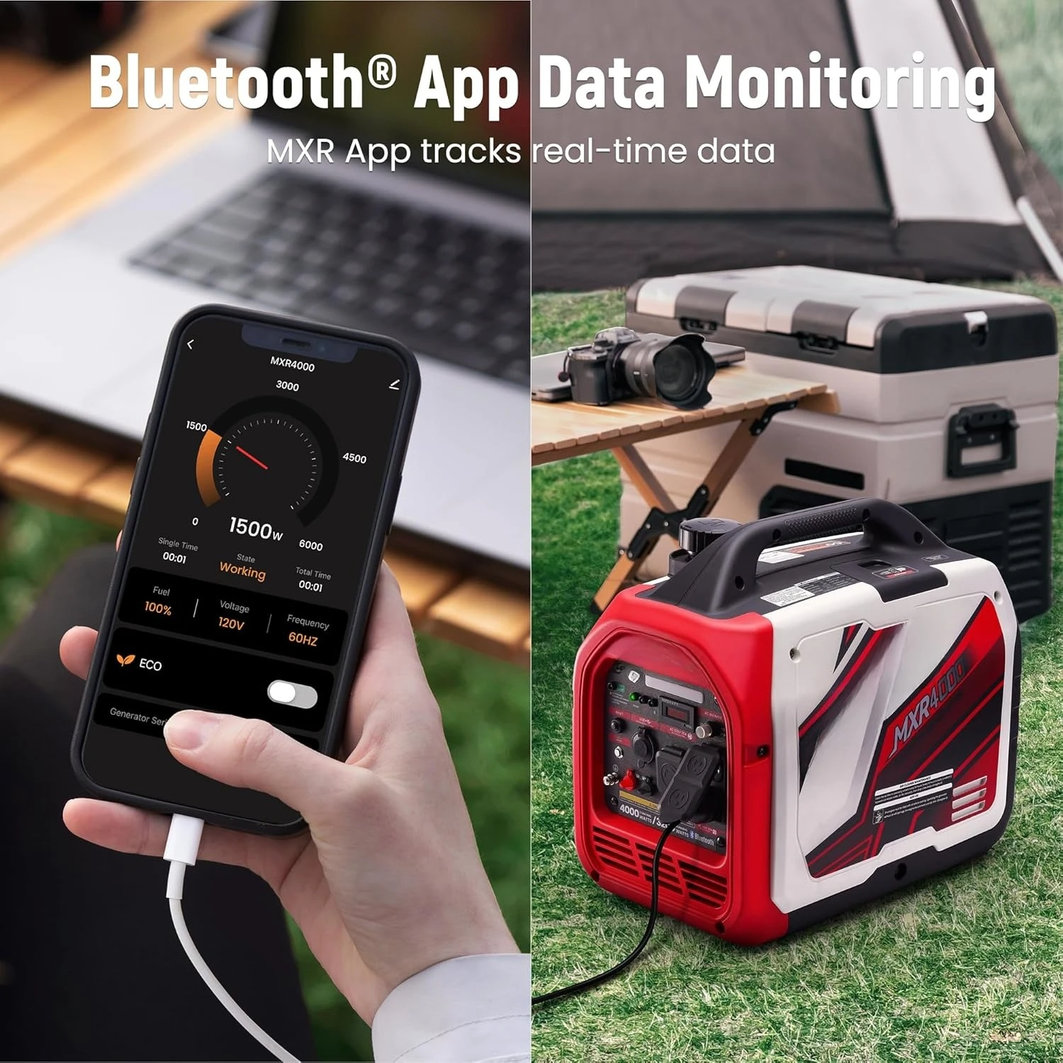 

Портативный инверторный генератор мощностью 4000 Вт, Bluetooth ® Приложение для удаленного монитора данных, готовый к автофургону, генератор с газовым питанием