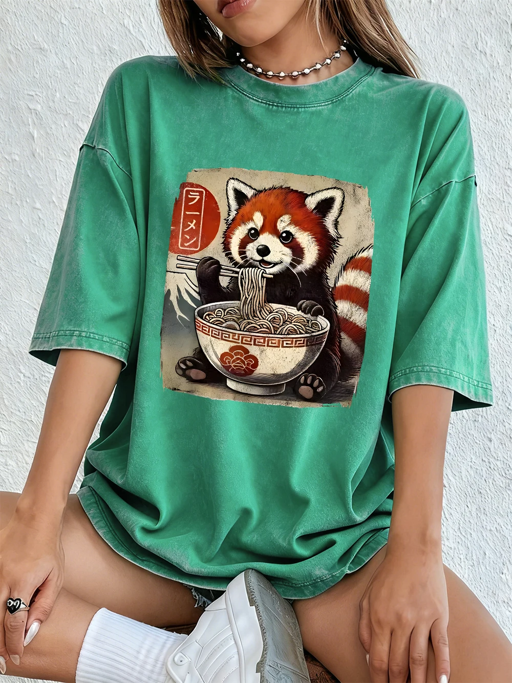 Red Panda Cat Ramen Noodles Cotton Washed T-Shirt Women Summer Oversized Tops Casual Short Sleeve T Shirt Basic Womans Clothes