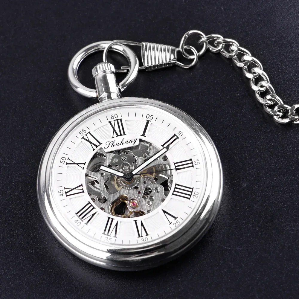 

NEW Top Brand Luxury Silver Pocket Watches Mechanical For Men Fashion Gentleman Pocket Watch Hand Wind Casual Chain Fob Watches