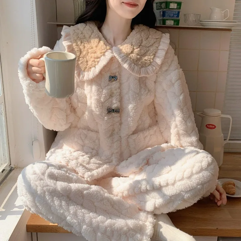 

Pajama Lady Autumn Winter Coral Velvet New Long Sleeve Plaid Bear Flannel Thick Warm Home Wear Set Comfortable Sleepwear