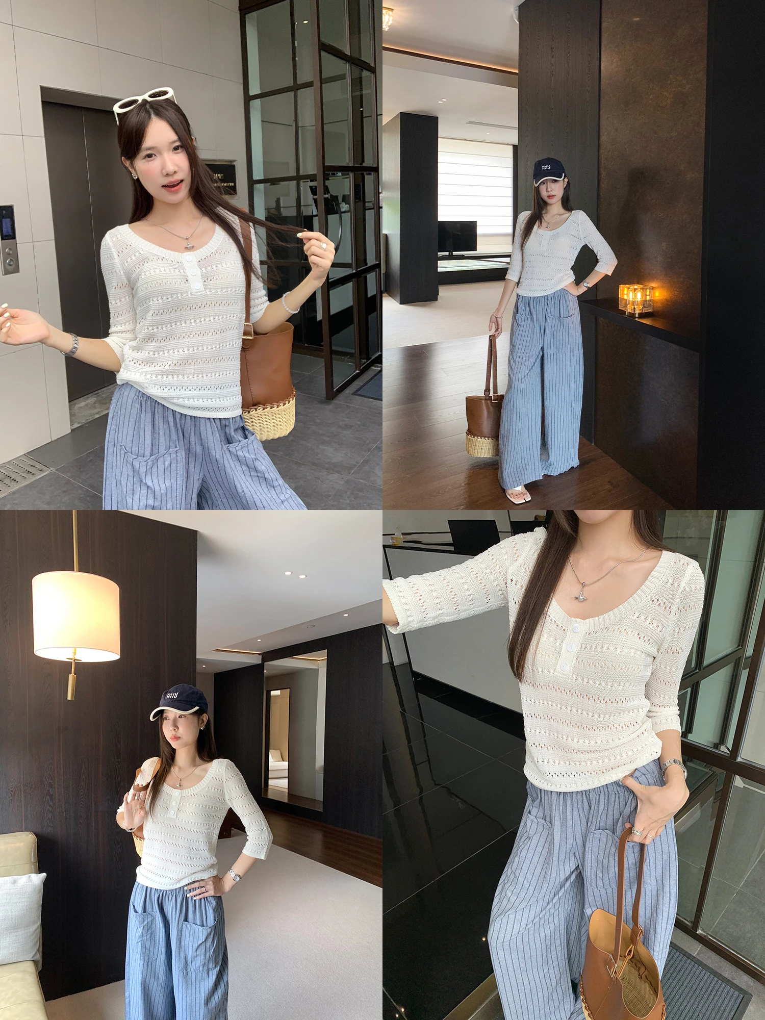 

Kumikumi Design Color Hollow Button Seven Sleeve Knitted Women's Summer Slimming Versatile Top Casual Style round Neck