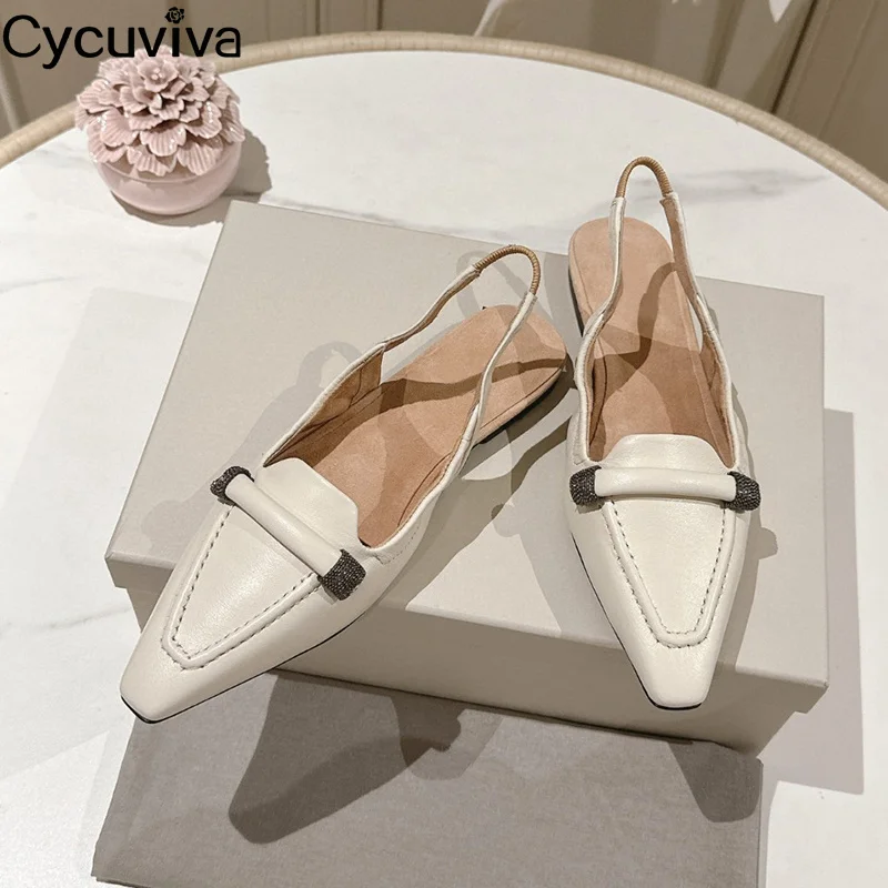 

New Pointed Toe White Leather Flat Sandals Women Slingback Dress Loafers Shoes Summer Casual Runway Sandals Walking Shoes Woman