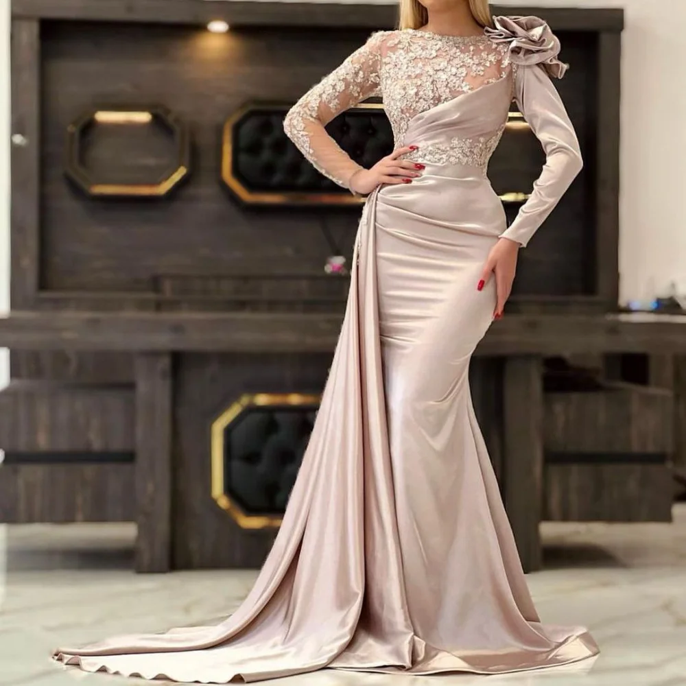 Mermaid Evening Dresses High Neck Long Sleeves Sequins Beaded 3D Lace Flowers Satin Appliques Prom Dresses Custom Made Gown