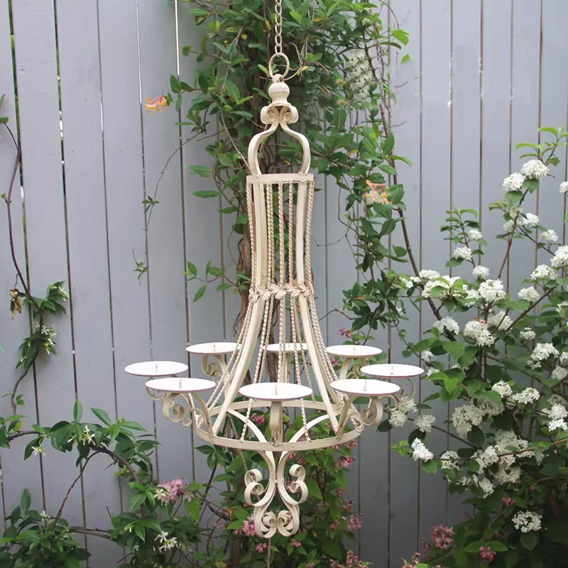Vintage Iron Chandelier, 8-Candle Holder, Cream White, Garden Patio Decor, 42cm Diameter, 100cm Total Height with Hook
