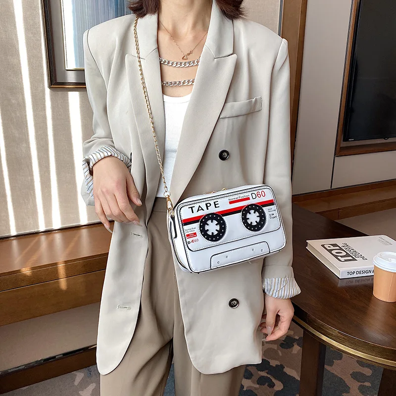 

European and American Funny Personality Cassette Tape Pu Leather Versatile Chain Single Shoulder Crossbody Bag for Women