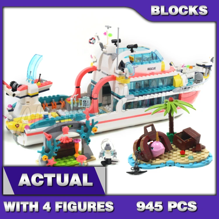 

945pcs Friends Heartlake Rescue Boat Swiveling Crane Removable Deck Speedboat 11373 Building Blocks Toys Compatible With Model