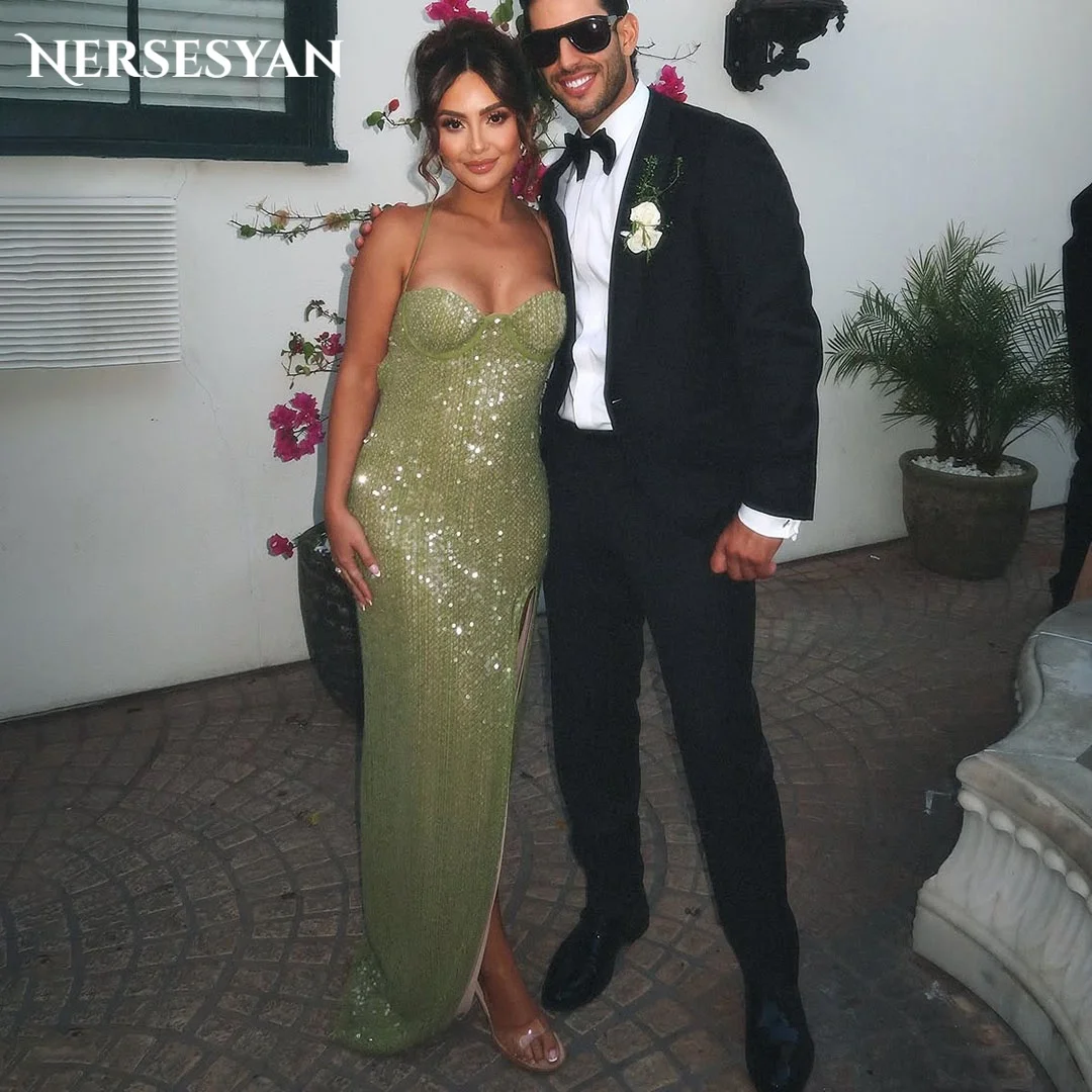 

Nersesyan мятно-зеленый блестящий вечерний платье русалки на тонких бретельках с блестками и боковым разрезом вечернее платье облегающее вечернее платье по индивидуальному заказу