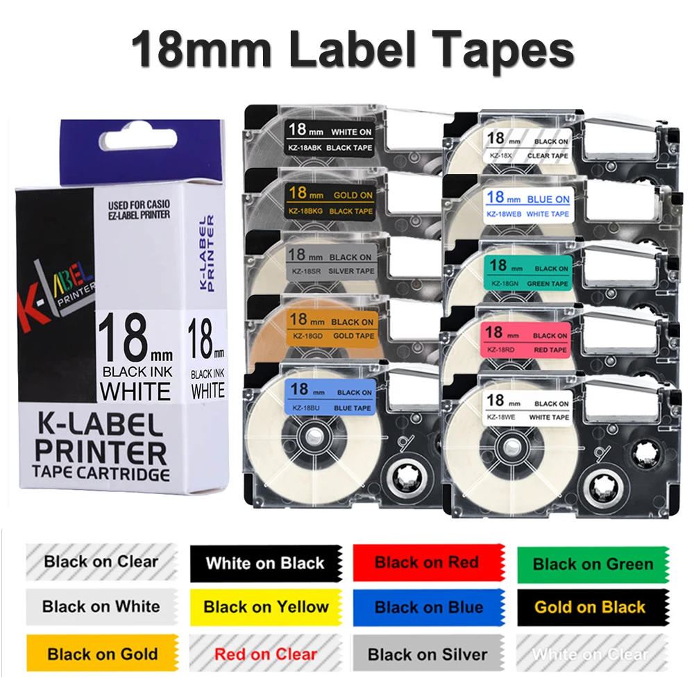 K-Label Printer Tape Cartridge XR-18WE Compatible 18mm kl-820 kl-120-l XR-18X XR-18YW XR-18BU XR-18GN for Casio EZ-Label Printer