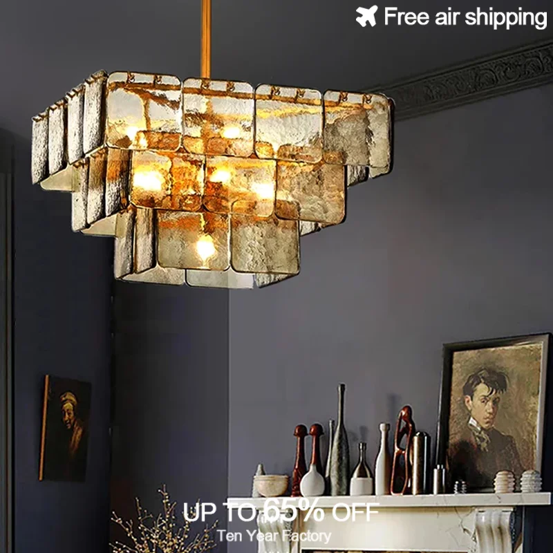 

Art Deco LED Square Chandelier Gold and Clear Glass Design for Recessed Decorative Ceiling Lighting in Living Room