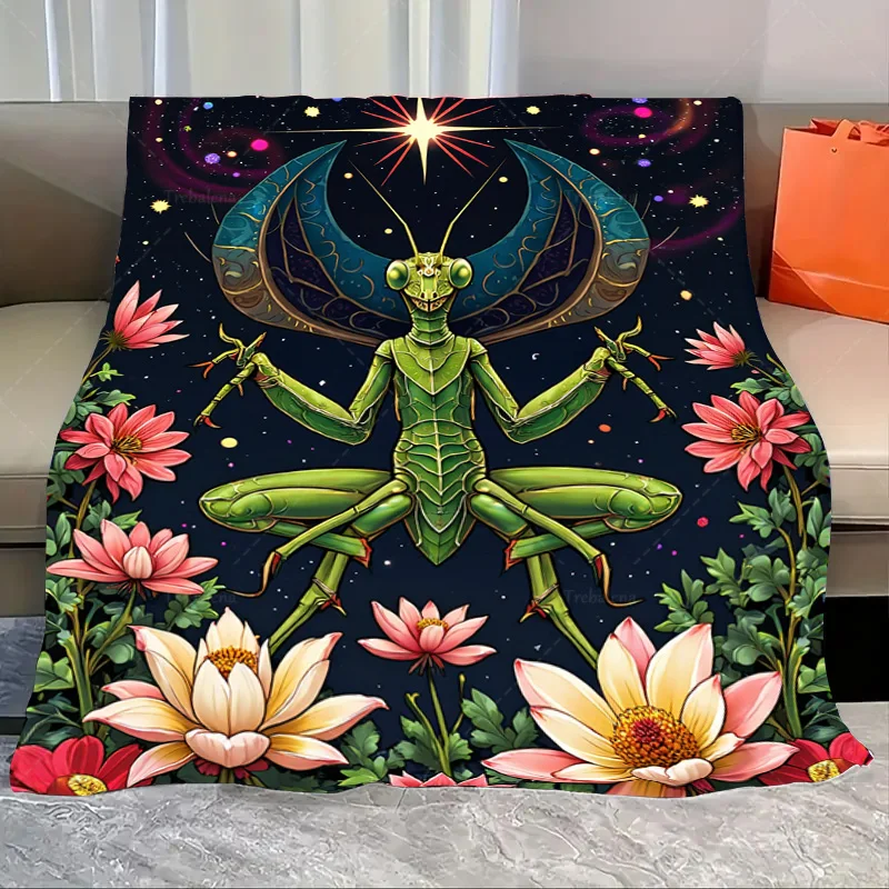 

1pc Flannel Blanket Mystic Mantis Yoga Blanket with Cosmic Wings and Floral Border Design