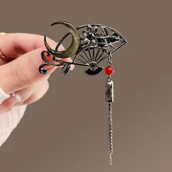 Vintage Chinese Fan Hairpins Punk Alloy Hairclips for Women Girls Moon Flower Headpieces Pendant Hair Jewelry Accessories