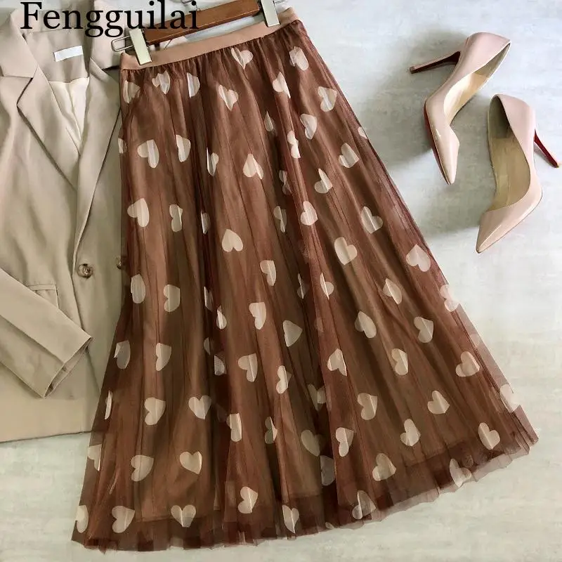 Tulle Maxi Skirt Women Fashion 2026 Spring Summer Heart Print High Waist Pleated Mesh  Long Skirt Female Aesthetic Skirt