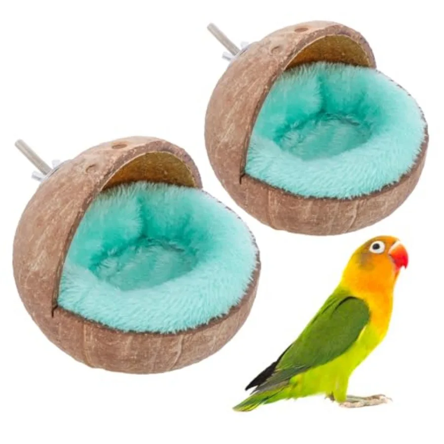 

2 Pack Natural Coconut Shell Parrot Nest Finch House Canary Bed Hanging Toy Breeding Nesting Anti-Pecking Bite with Warm Pad fo