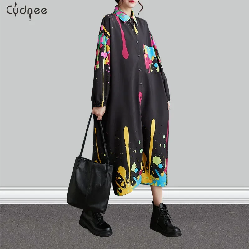 Splash Ink Print Long Sleeves Shirt Dress Loose Casual Paint Drips Midi Dress Shirt Blouse Dress