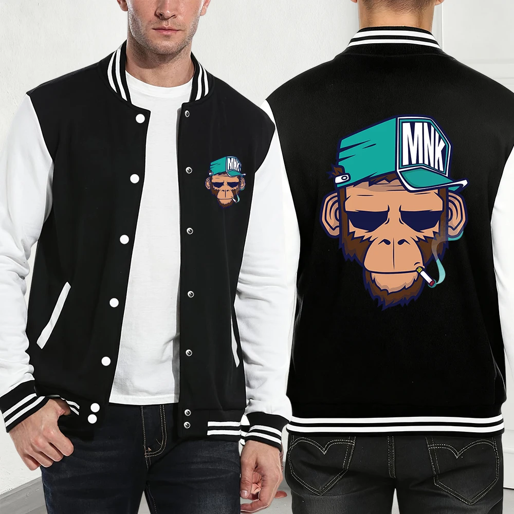 

Retro Wear Hat Thinking Monkey Prints Baseball Jersey Mens Autumn Fleece Warm Coats Loose Casual Jackets Basics Pocket Clothes