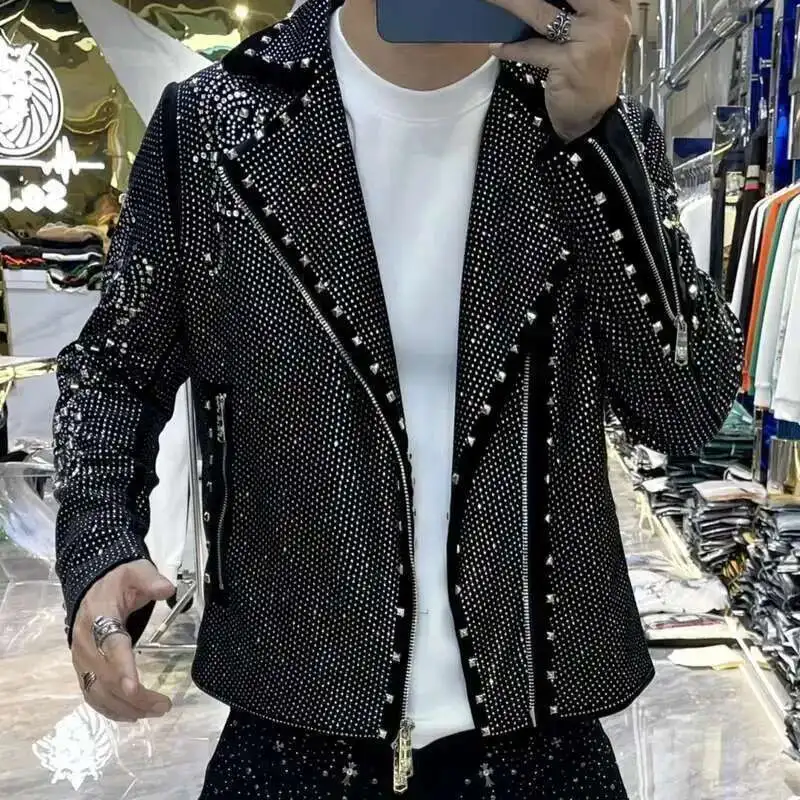 

European Style Men Streetwear Jacket Fall Winter Casual Men Motorcycle Jacket Top Men Fashion Trend Star Hot Drilling Men Jacket