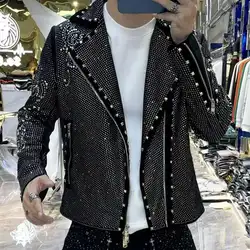 European Style Men Streetwear Jacket Fall Winter Casual Men Motorcycle Jacket Top Men Fashion Trend Star Hot Drilling Men Jacket