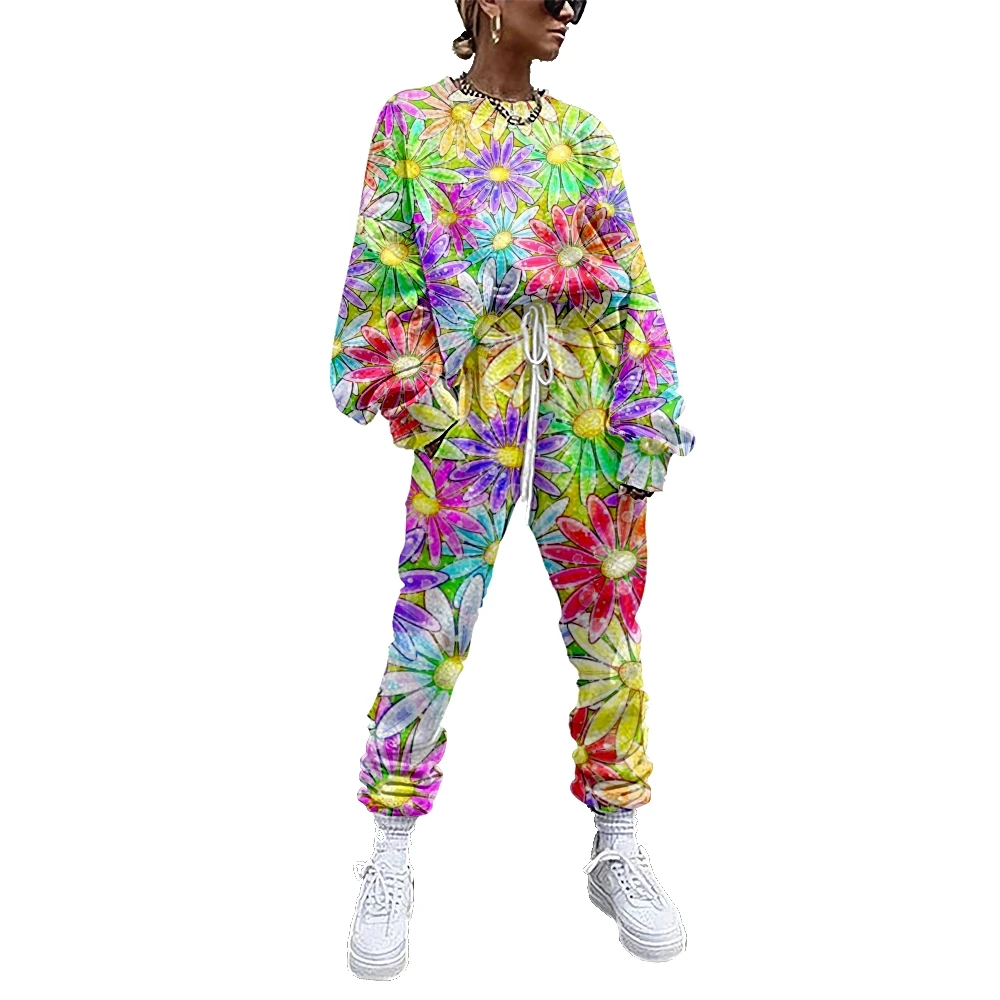 Women Fashion Flowers Printing Tracksuit 2 Piece Outfit Sweatshirt+Straight Sweatpants Matching Set Fitness Sporty Streetwear