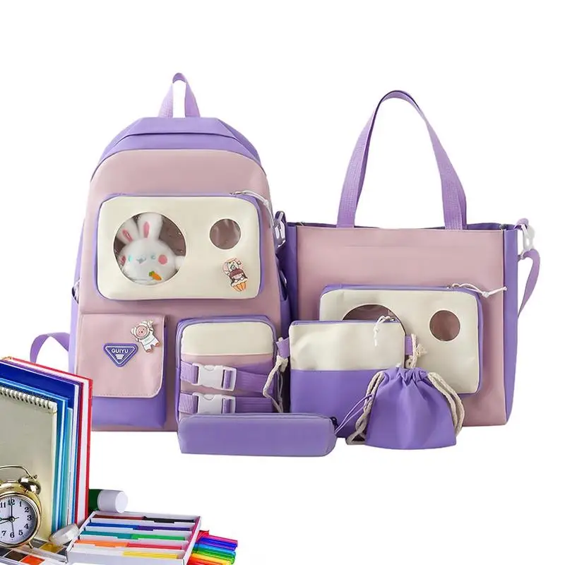 Cute Bags Set 5 Piece With Pin And Bunny Pendant Cute Backpacks For School Aesthetic School Backpack Large Capacity Waterproof