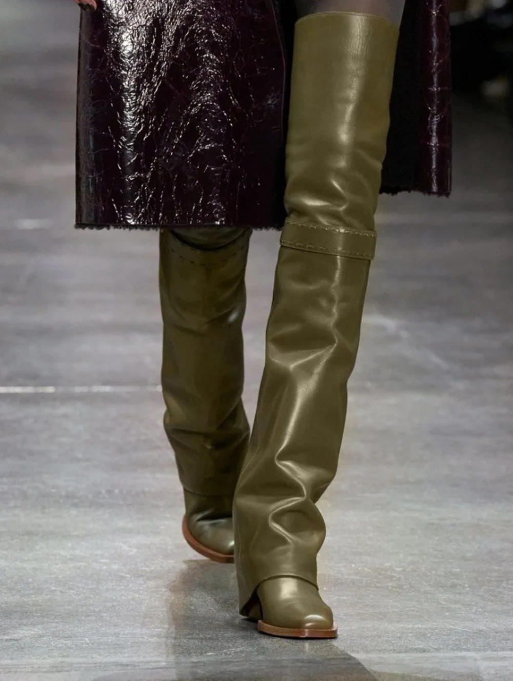 Runway Style Green Slouchy Over‑the‑Knee Boots Faux Leather Square Toe Tall Boots Block Heel Knee High Daily Footwear