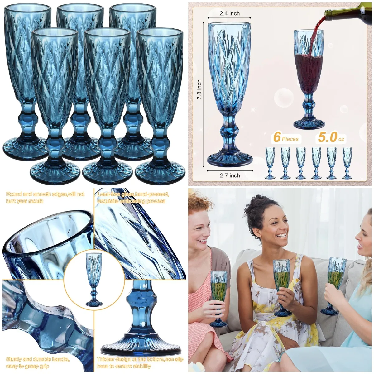 

Vintage Blue Embossed Champagne Flutes Set of 6, 5 oz for Christmas, Party, Anniversary, Bar