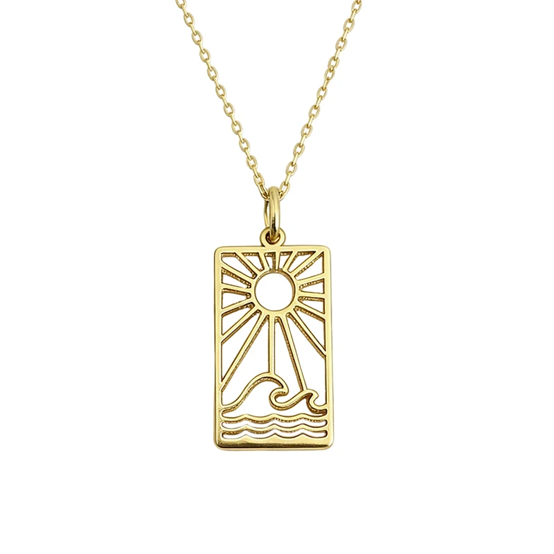 Hohle 14k vergoldete Sonnen- und Wellen-Anhänger-Halskette für Frauen, Edelstahl, Sommer-Ozean-Schmuck
