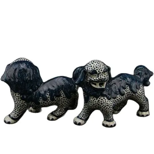 6.3 "الصينية جينغدتشن الأزرق الأبيض الخزف فو فو الكلب الحرس تمثال الأسد زوج #3