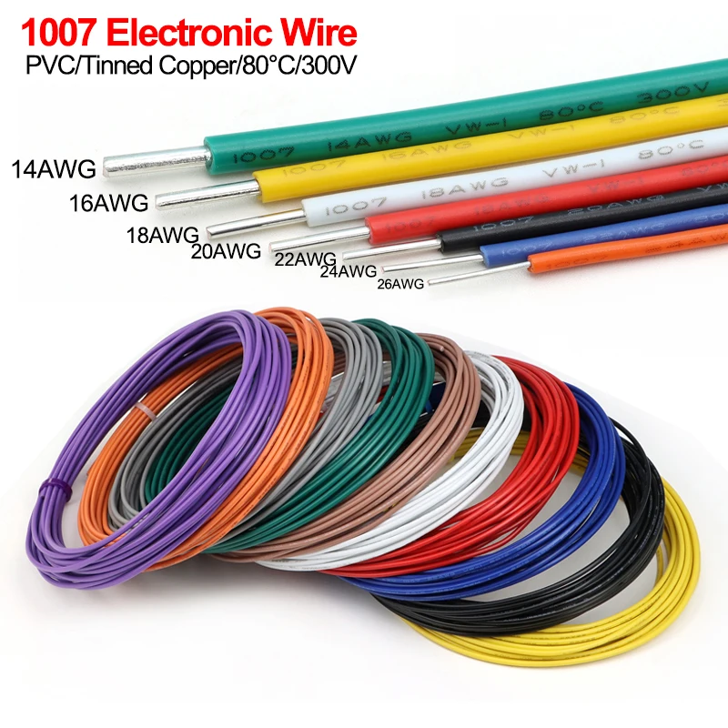 2/5/10m 1007 Electric Line 26 24 22 20 18 16 14 AWG Solid Line PVC Insulation Tinned Plating Single Core LED Cable Copper Wire