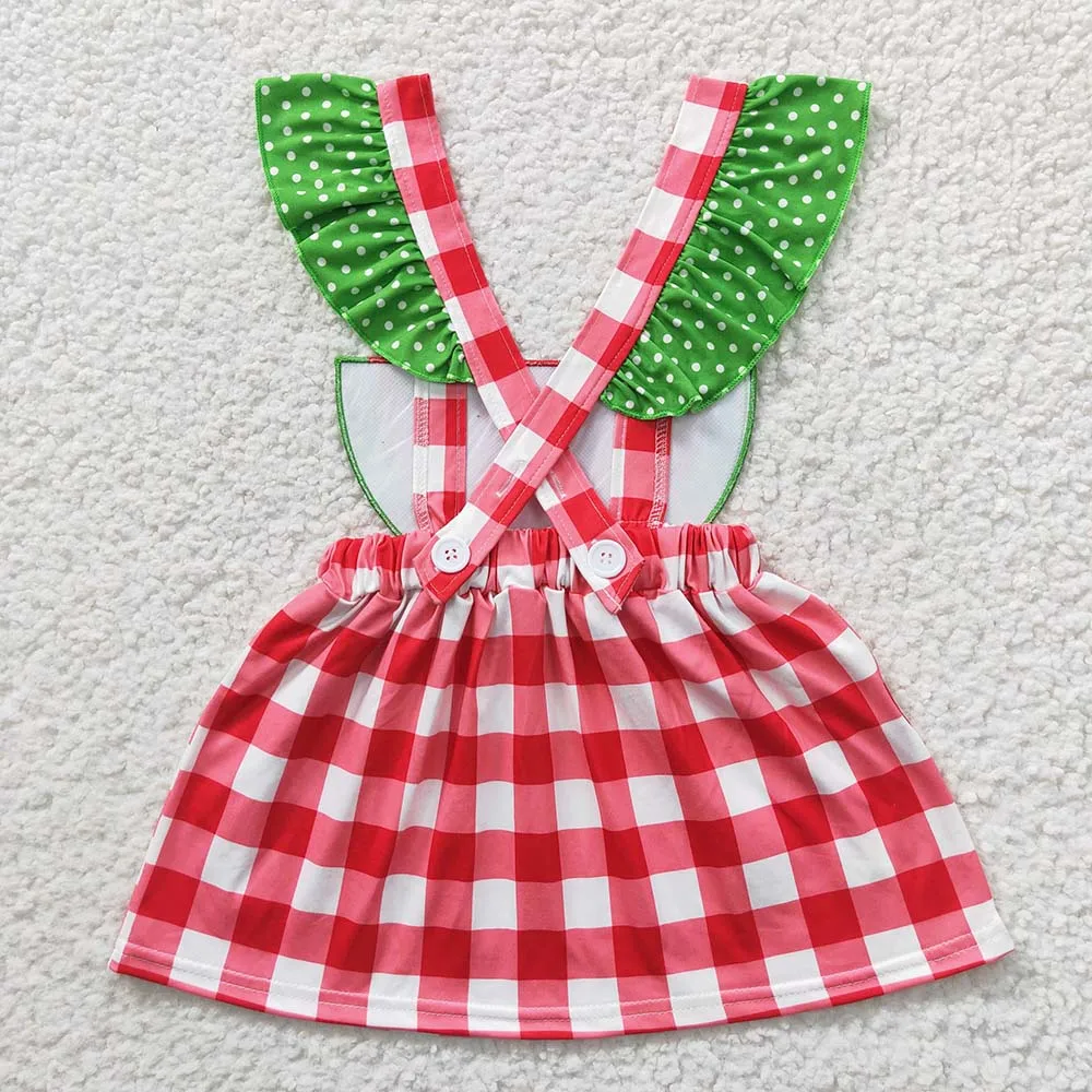 Wholesale Baby Girl Summer Embroidery Watermelon Strawberry Short Sleeves Kid Red Plaid Dress Children Toddler Suspender Clothes