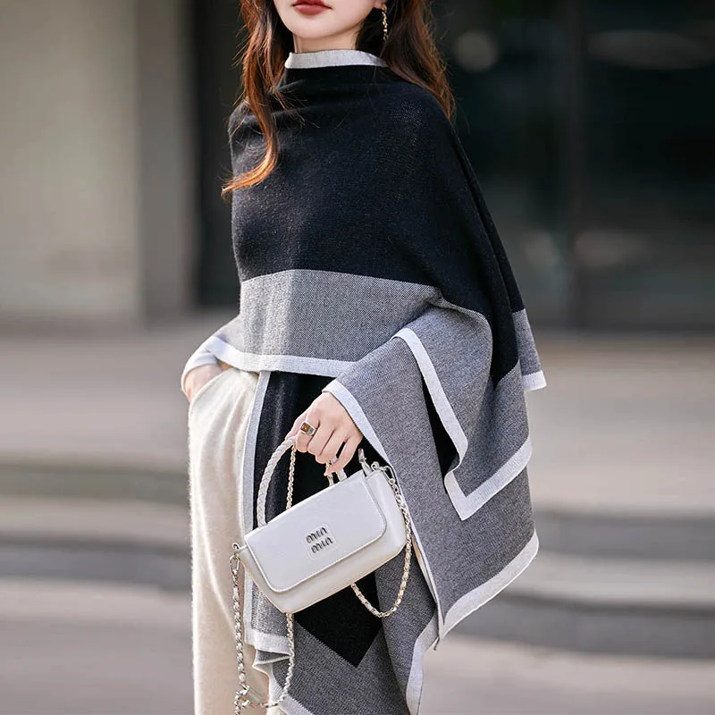 

100% Wool Color - Block Women's Large Shawl, Stylish, Warm and Versatile