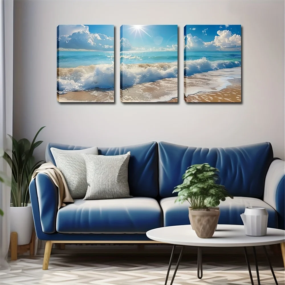 Triple Canvas Sea Landscape Decoration Sea Surf Sea Outdoor Canvas Painting for Bathroom Living Room Bathroom Wall Decoration
