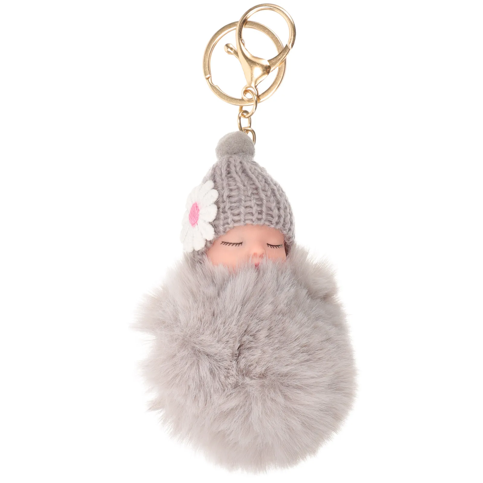 

Брелок-шарик с плюшевым помпоном в виде спящего младенца, светло-серый, милый, для ключей, сумки, автомобиля, подвеска-шарм, подарок для женщин