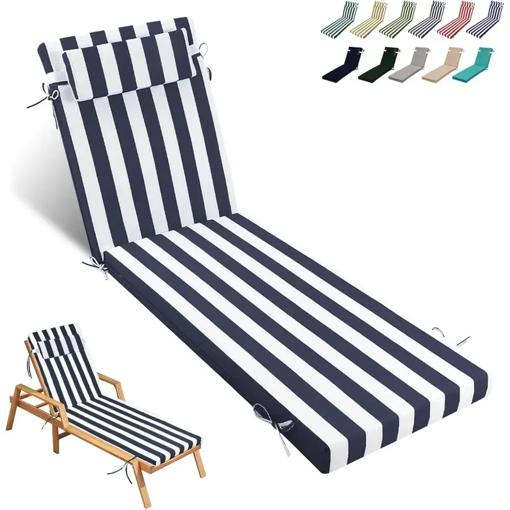 

Outdoor Chaise Lounge Cushion Set, Waterproof Memory Foam, Striped Navy & White, 72x21x3