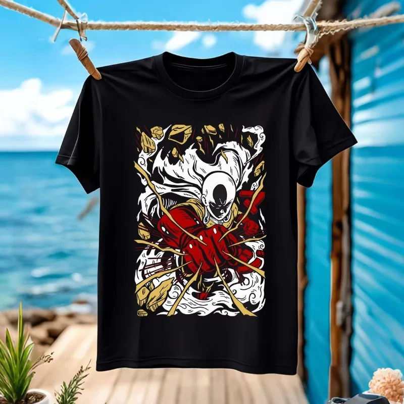 Trend Summer 2025 Cosplay Neutral Black and White Saitama One Punch Man Anime Manga Villain Unisex Tshirt T-Shirt Soft Tee view 2