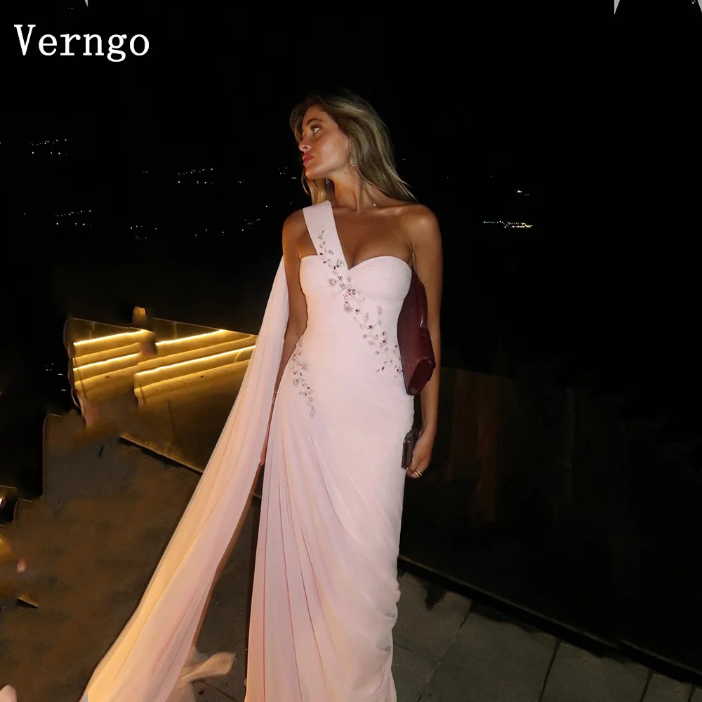 

Verngo Pink Shiny Beading Formal Occasion Dresses One Shoulder A Line Prom Gowns Modest Arabic Evening Dress Customized