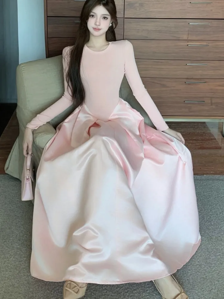 Vintage French Knit Spliced Long Dress Woman Autumn Slimming O Neck Evening Party Dresses Wedding Graduation Prom Female Clothes