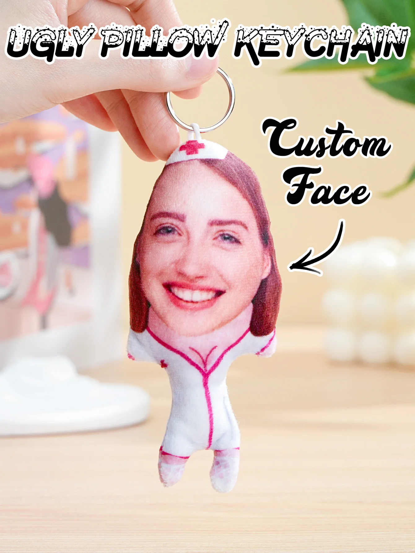 1pc Custom Face Pillow Keychain Funny Ugly Plush Keychain Custom Photo Keyring Gift For Friends Family Boyfriend Girlfriend image 3