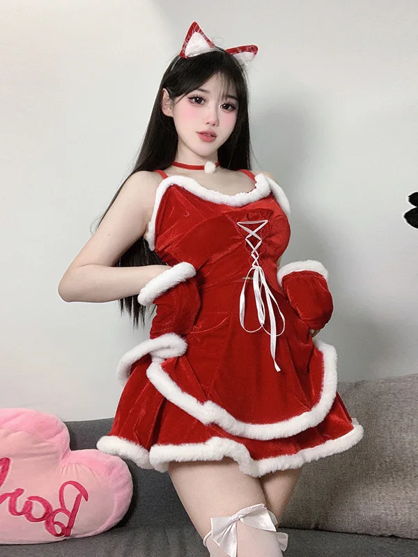 Sexy 2025 New Role Playing Christmas Uniform Set Women Low Collar Lace Up Slim Sling Short Top+high Waisted Short Skirt 0Q1Z