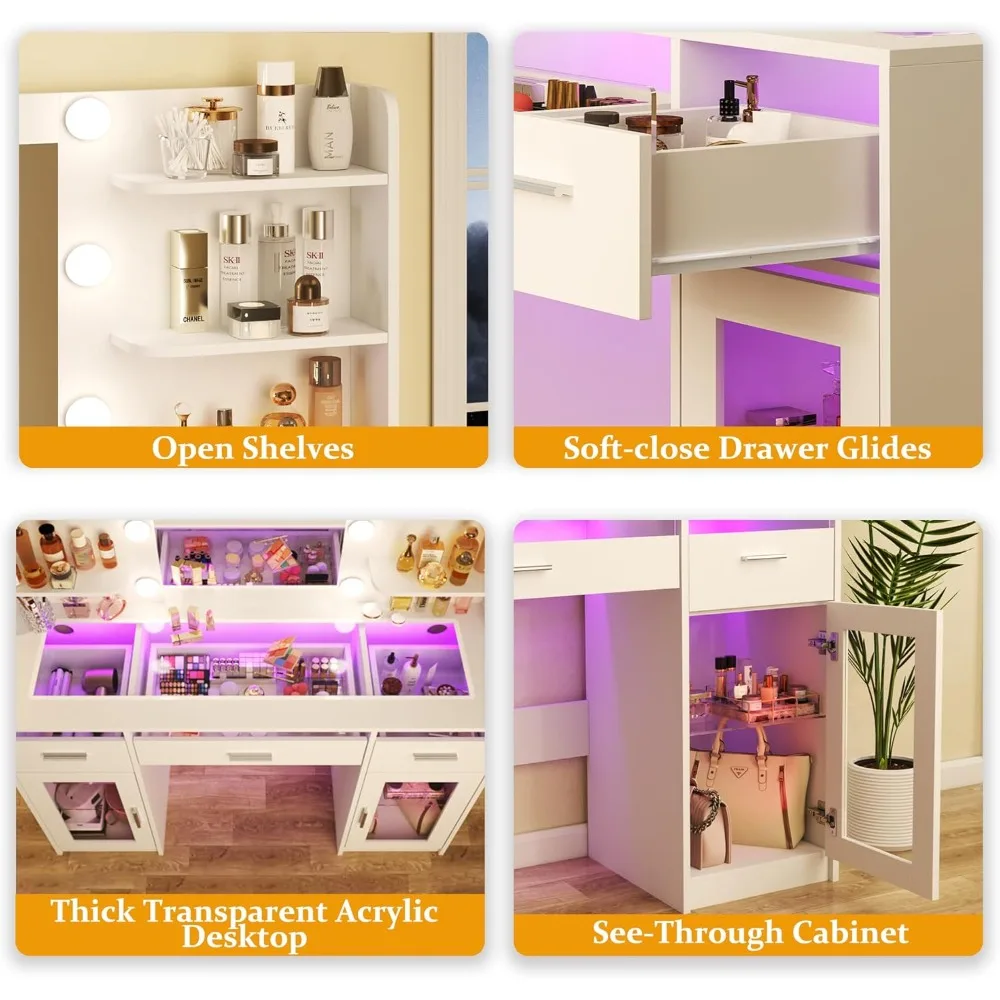 مكتب زينة مكياج مضيء مع أدراج RGB 3 ألوان و6 أرفف تخزين