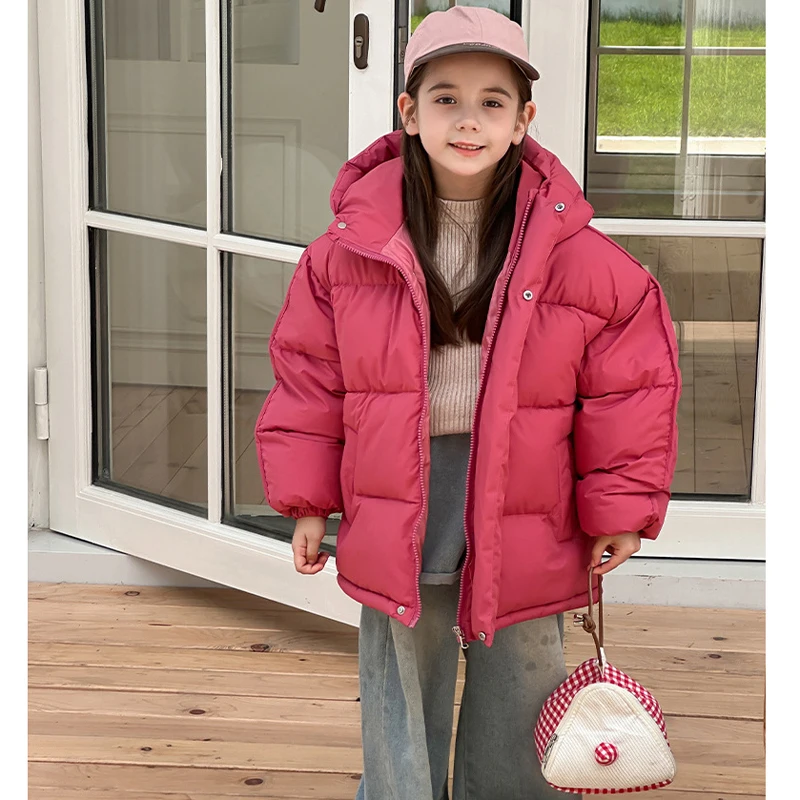 123  Winter New Boys Girls Jacket Solid Color Thick Keep Warm Hooded Zipper Outwear For Kids Cotton Down Casual Snowsuit 5-12 Y