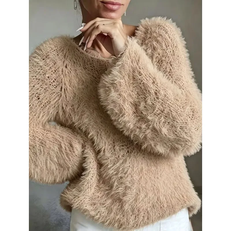 Women Soft Fluffy Fuzzy Knit Sweaters Round Neck Solid Long Sleeve Plush Pullovers Casual Fall Winter Warm Daily Streetwear Tops
