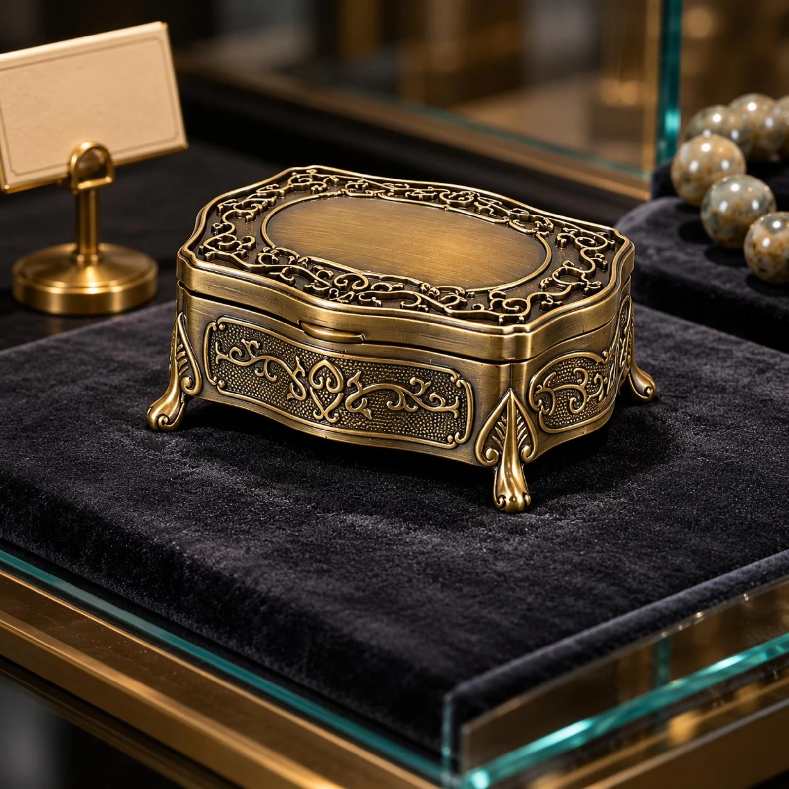 Antique-Design Jewelry Box Bronze Velvet-Lined Jewelry Box Storage Item Rounded Corners Portable