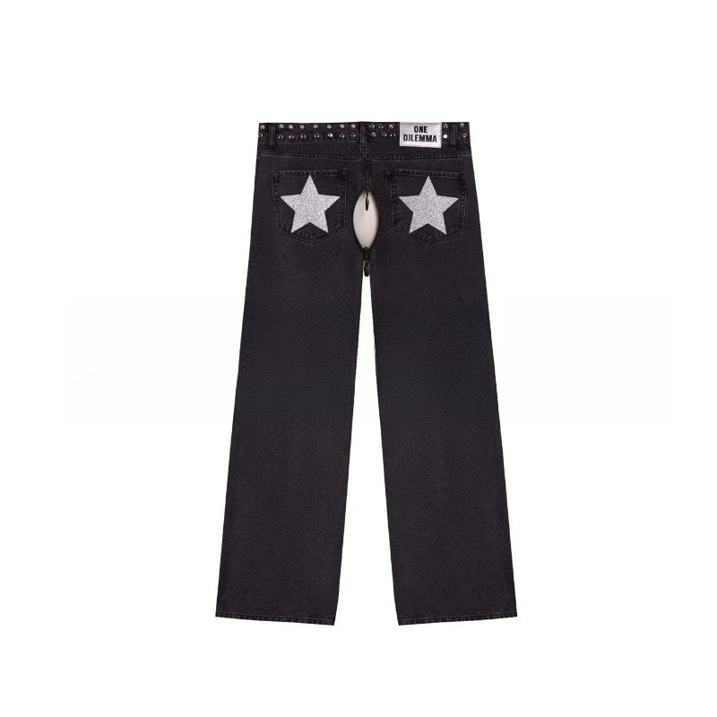 Celana wanita model terbuka seksi dengan kancing, gaya retro vintage Amerika, motif leopard dan patchwork bintang, potongan lurus longgar.