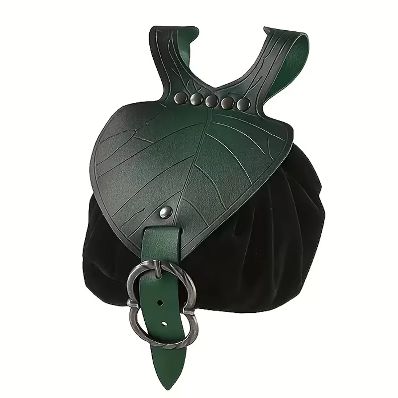 2pcs Medieval Festival Costume Accessories Vintage Pu Leather Waist Belt with Leaf-Shaped Drawstring Coin Pouch Viking Style Cosplay Props for Halloween LARP view 4