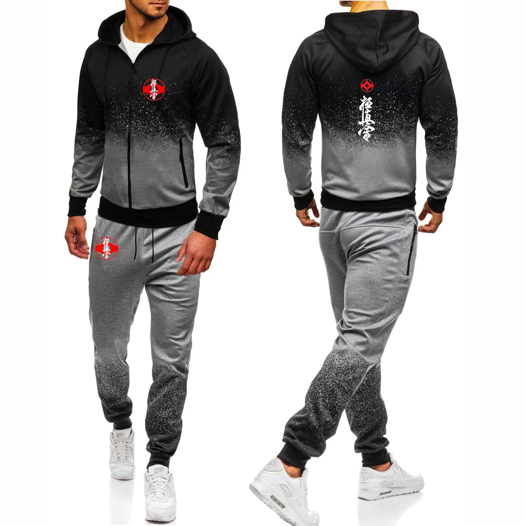 

2025 Spring Autumn Men's Kyokushin Karate Logo Print Popular Cardigan Zip Hooded Sweatshirt+Casual Sweatpants Gradient Color Set