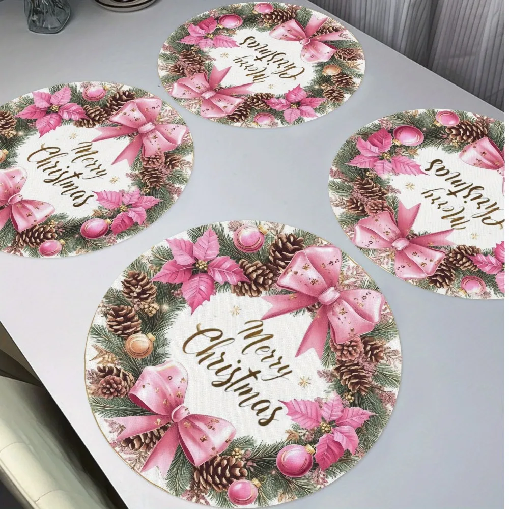 VIKAMA Christmas placemat set, washable, heat-resistant, first-class red pine cone flower wreath, dining table home decoration