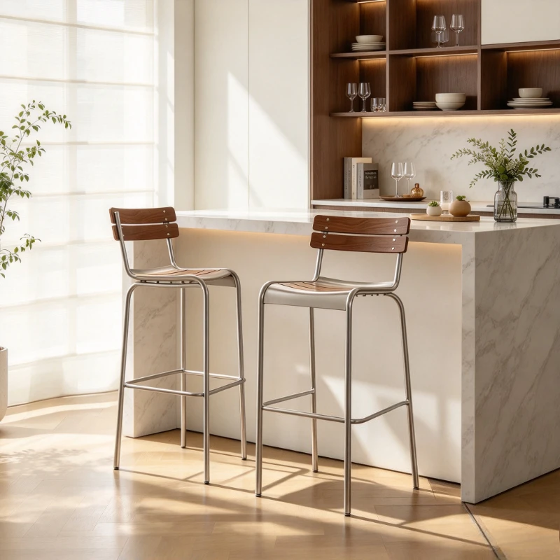 Mid-Century Iron Bar Stool, Kitchen Island Counter Chair with Ergonomic Backrest, Sturdy Support Frame for Cafe Bar Seating