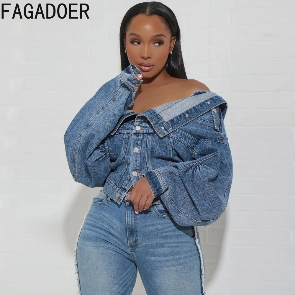 Fagadoer blau Vintage Mode Y2k Denim Mäntel Frauen Turndown Kragen Langarm Slim Crop Top Herbst Dame Cowboy passende Jacke