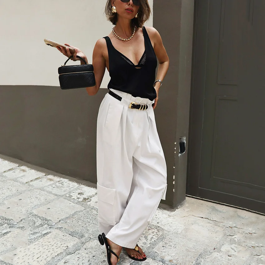 リナッドストリートシックな白いプリーツパンツ女性オフィスレディ用ポケット付きズボン女性カジュアル固体ロングパンツ2025秋